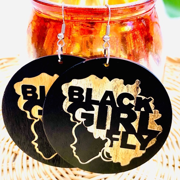 BLACK GIRL FLY Round Painted Wood Drop Earrings - Picture 2 of 4